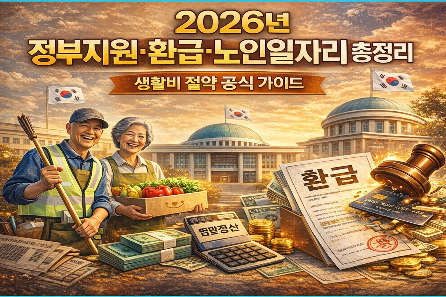 2026년 정부지원·환급·노인일자리 총정리 대표 이미지, 생활비 절약 공식 가이드 일러스트