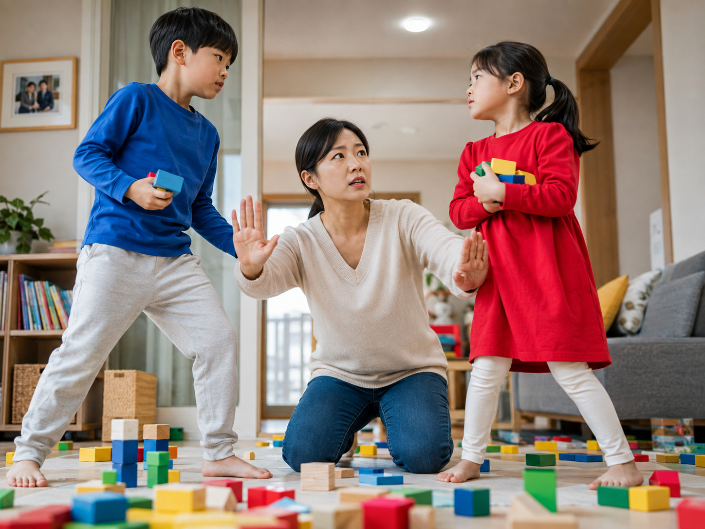 블록을 두고 다투는 형제 사이에서 안전하게 거리를 만드는 부모