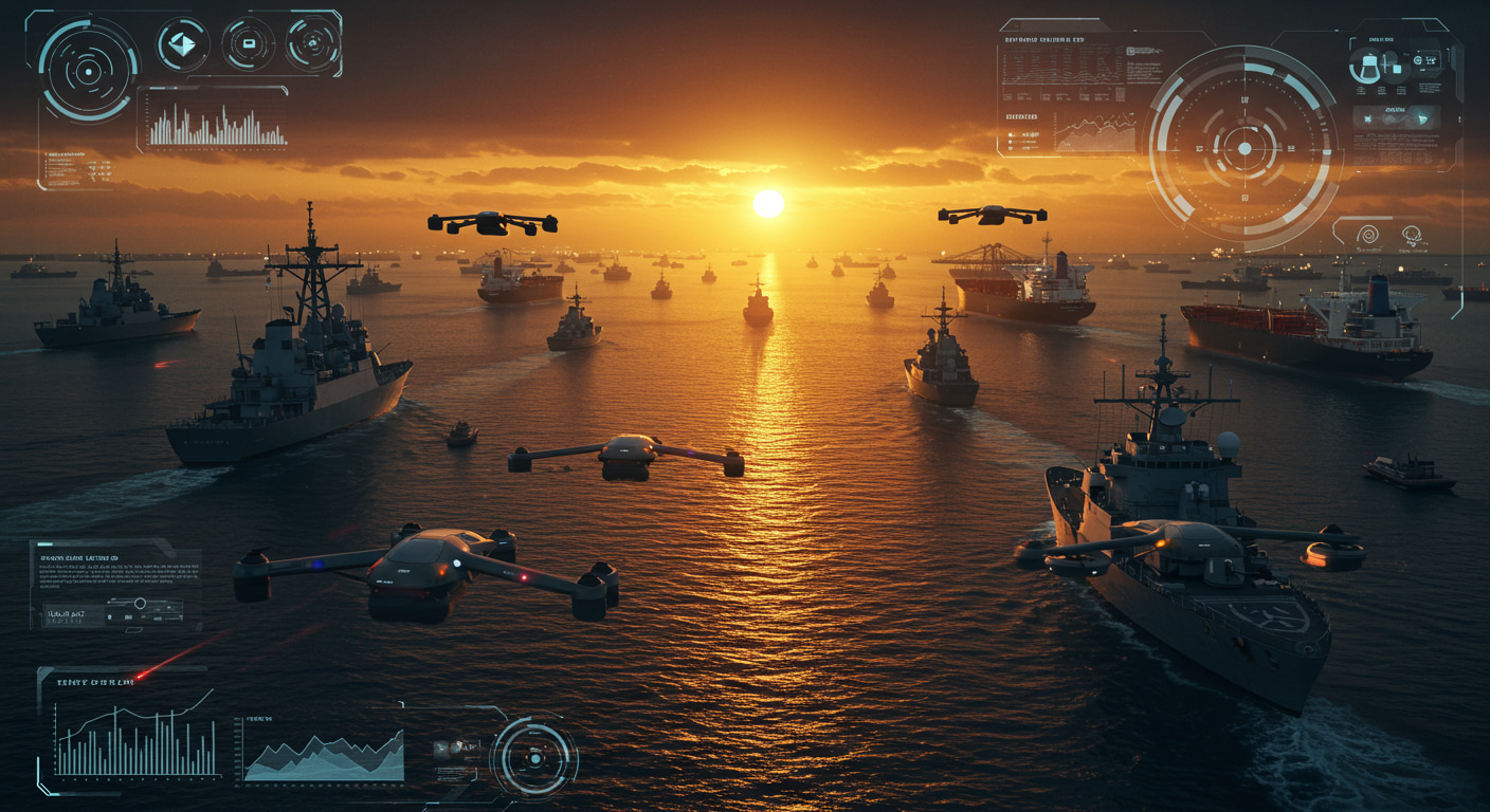 AI가 감시하는 호르무즈 해협의 긴장감 넘치는 모습