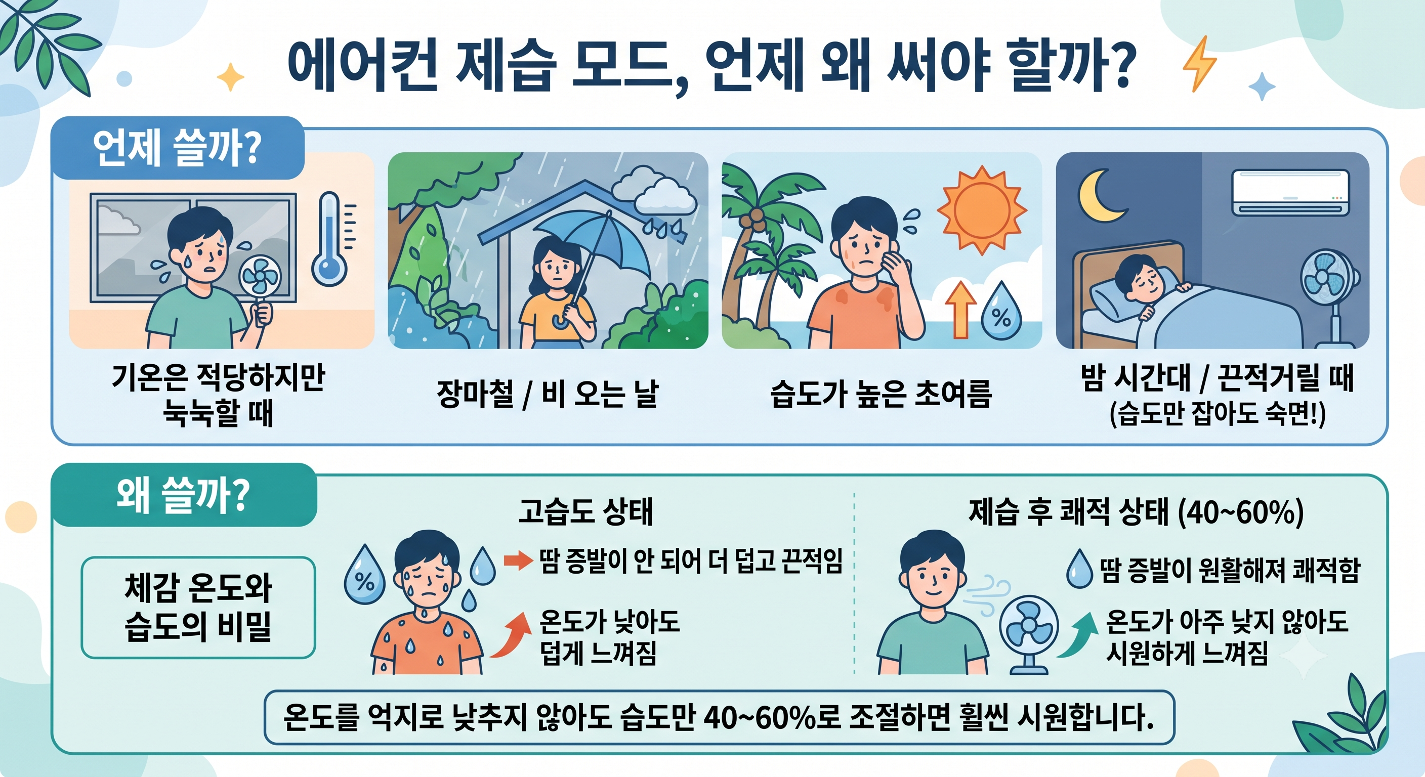 폭염 및 장마철 상황별 에어컨 스마트 가동 가이드 인포그래픽입니다.
폭염 시 냉방 모드로 급속 냉각 후 희망 온도를 높이거나 제습 모드로 전환하여 쾌적함을 유지하는 법을 안내합니다.
장마철에는 처음부터 제습 모드로 설정해 효율적으로 수분을 제거하고 끈적임을 없애는 방법을 보여줍니다.
