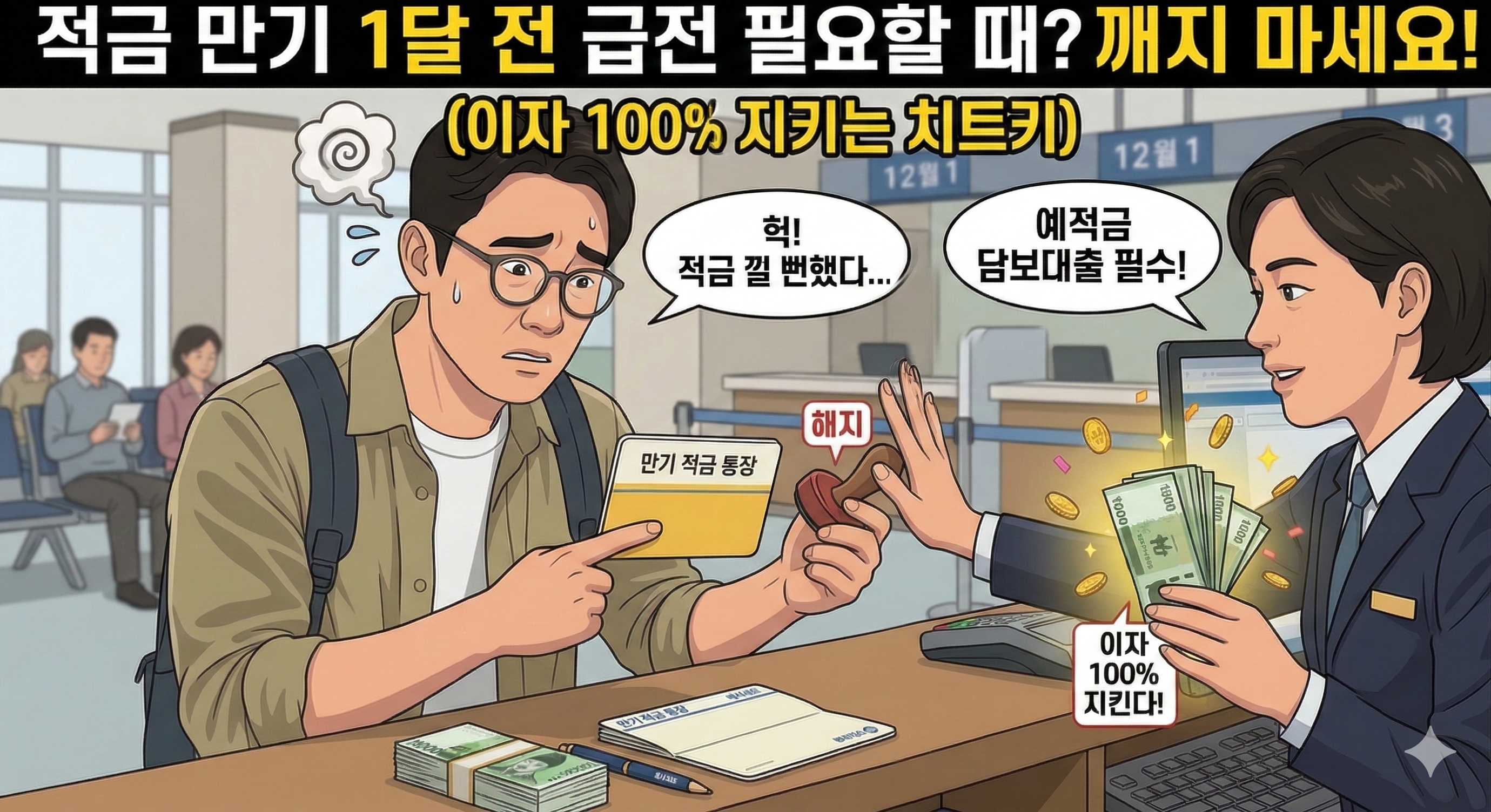 은행 창구를 배경으로 한 깔끔한 웹툰 스타일 일러스트. 왼쪽에는 다급하고 당황한 표정의 남성 고객(도서관장 캐릭터)이 땀을 흘리며 '만기 적금 통장'과 '해지'라고 적힌 도장을 들고 있다. 그의 말풍선에는 "헉! 적금 깰 뻔했다..."라고 적혀 있다. 오른쪽에는 단정한 유니폼을 입은 미소 짓는 은행원이 한 손으로는 남성의 해지 도장을 다급하게 막아서고, 다른 한 손으로는 금화가 반짝이는 현금 다발을 건네고 있다. 은행원의 말풍선에는 "예적금 담보대출 필수!"라고 적혀 있으며, 현금 다발 아래에는 '이자 100% 지킨다!'라는 강조 문구가 있다. 이미지 상단에는 '적금 만기 1달 전 급전 필요할 때? 깨지 마세요! (이자 100% 지키는 치트키)'라는 크고 굵은 제목이 적혀 있어, 적금 해지 대신 대출을 활용하라는 핵심 메시지를 직관적으로 전달한다.
