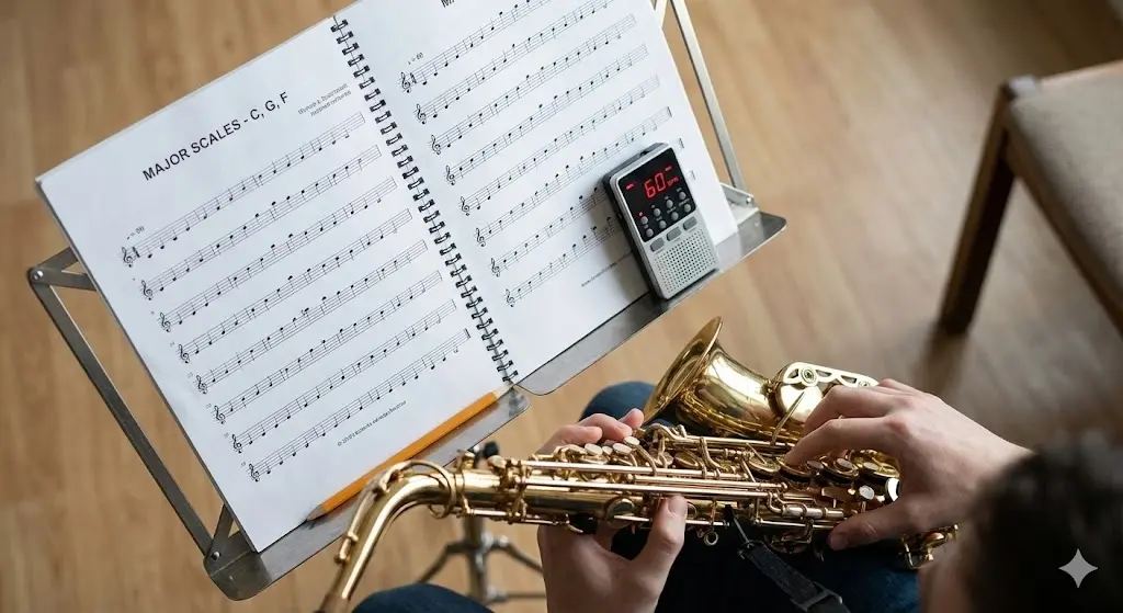 손가락(운지)과 혀(텅잉)를 훈련하는 모습