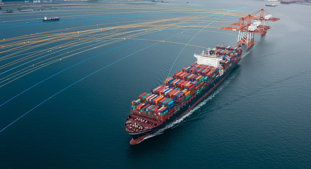 한국 수출 항로와 컨테이너 선박을 표현한 벡터 일러스트