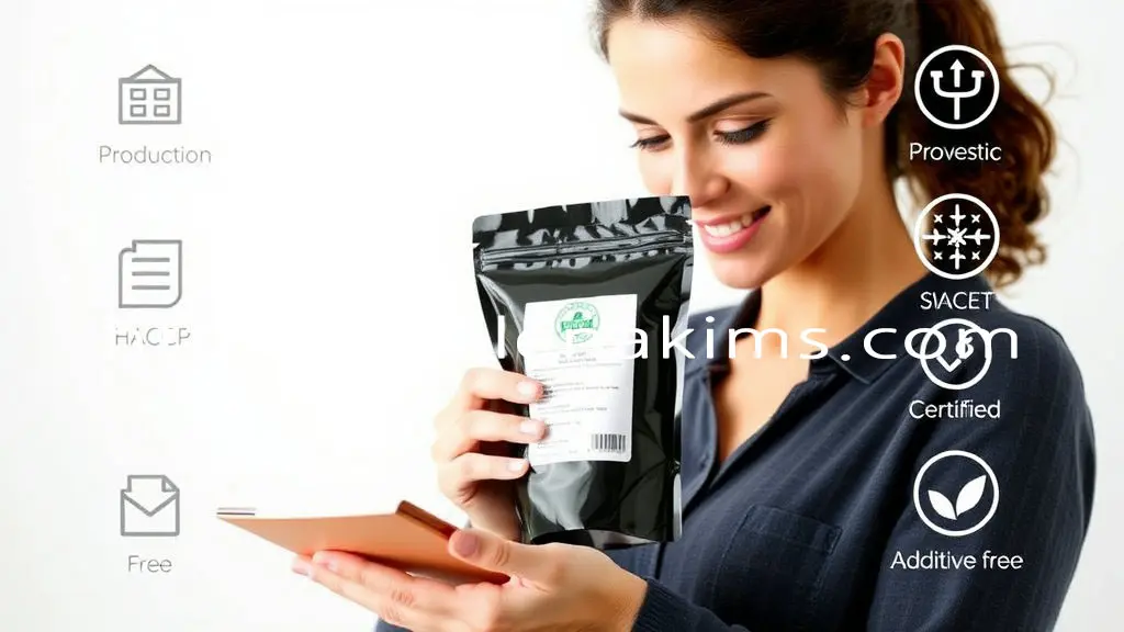 밝고 깔끔한 배경 위에서, 따뜻하고 집중된 표정의 여성이 흑염소즙 제품 파우치을 한 손으로 조심스럽게 들고 자세히 살펴보고 있는 모습.