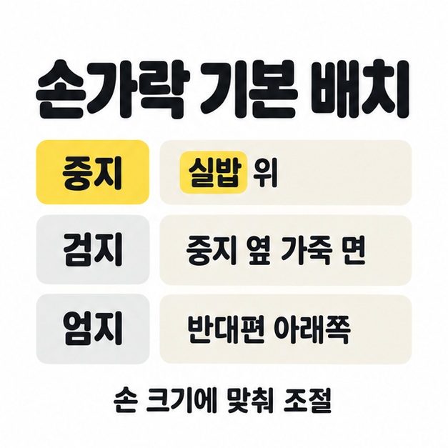 중지는 실밥 위, 검지는 중지 옆 가죽 면, 엄지는 반대편 아래쪽에 두는 기본 배치를 표처럼 정렬하고 손 크기에 맞춰 조절하라고 안내한 카드