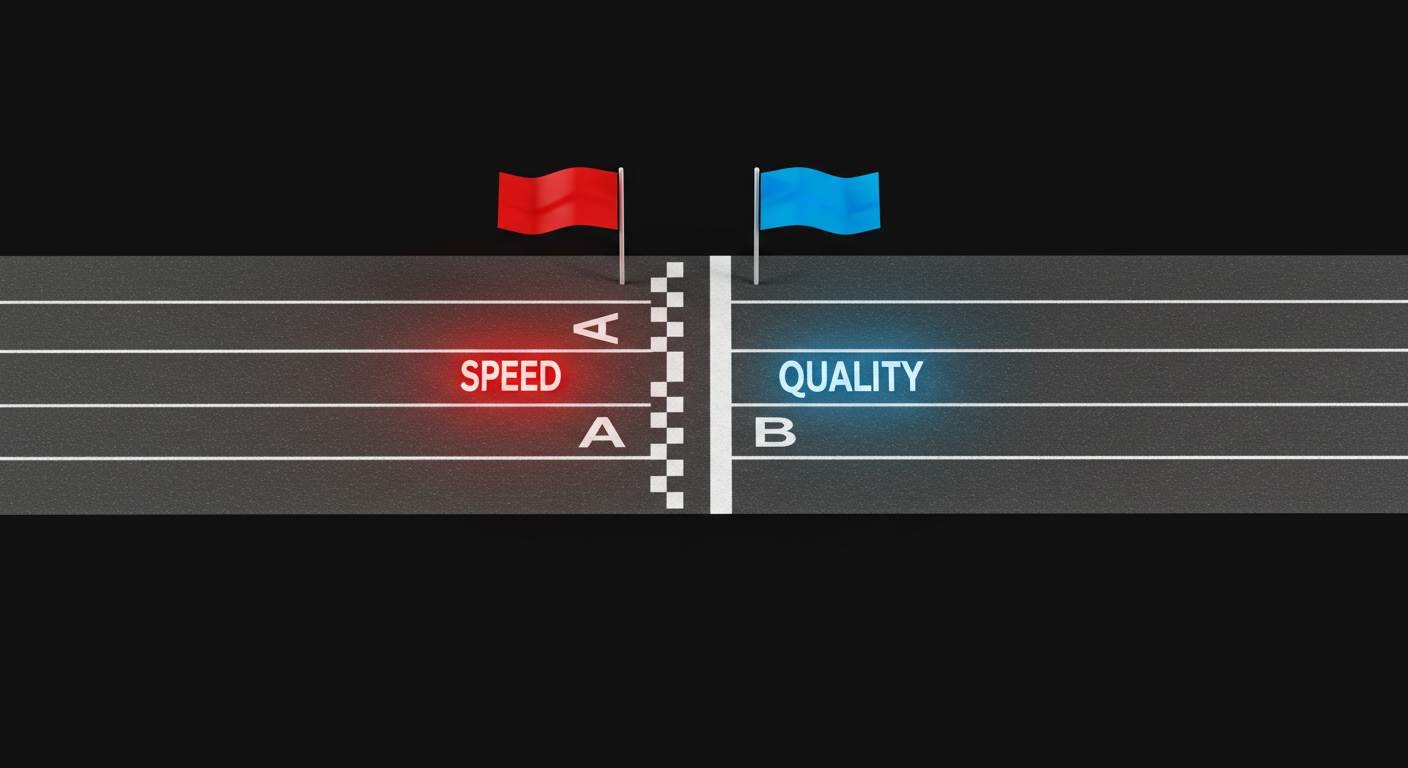 두 갈래로 갈라지는 경로가 서로 다른 깃발(효율과 품질)을 향해 나아가는 상징 이미지