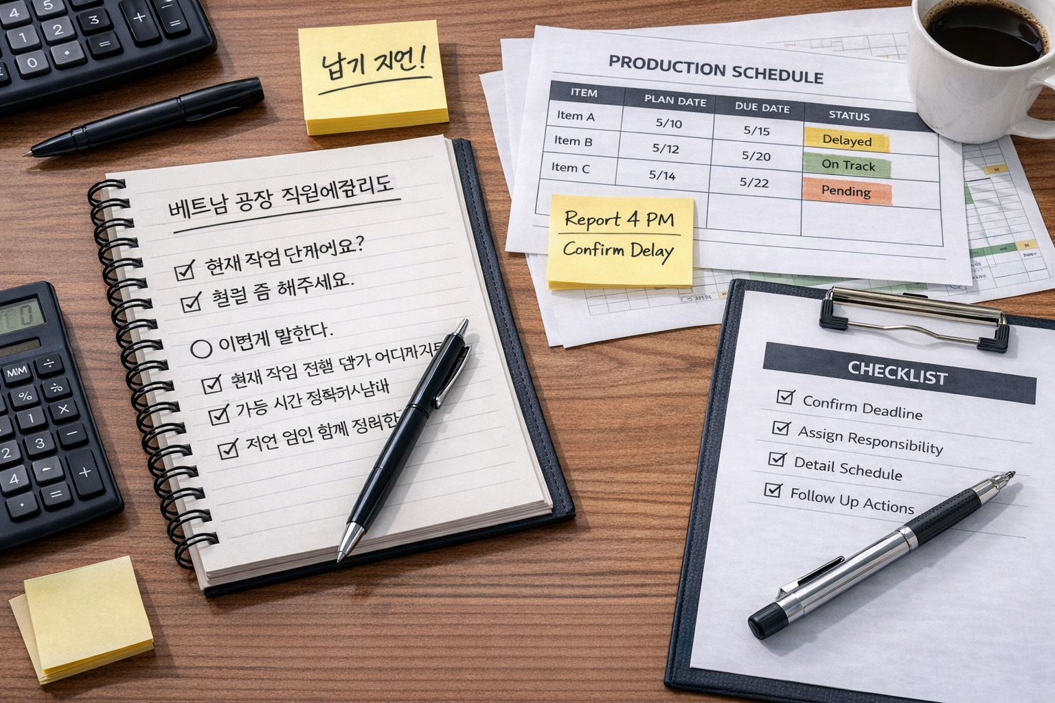 베트남 공장 생산 일정표와 실무 문장 체크리스트가 놓인 책상 위 장면