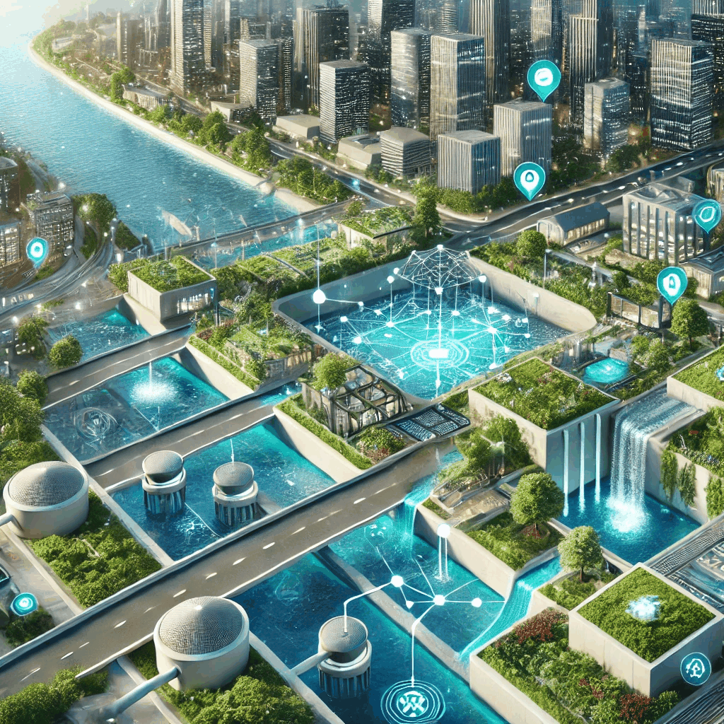 미래 도시에서 빗물을 수집·정화·재활용하여 녹지와 공공시설에 활용하는 친환경 배수 시스템