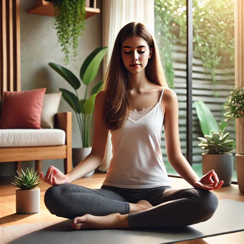 조용한 실내 공간에서 젊은 여성이 부드러운 조명과 화분 식물에 둘러싸여 명상을 실천하는 모습. 면역 체계 강화를 위한 정신적 웰빙을 강조하며, 차분하고 고요한 표정이 돋보임