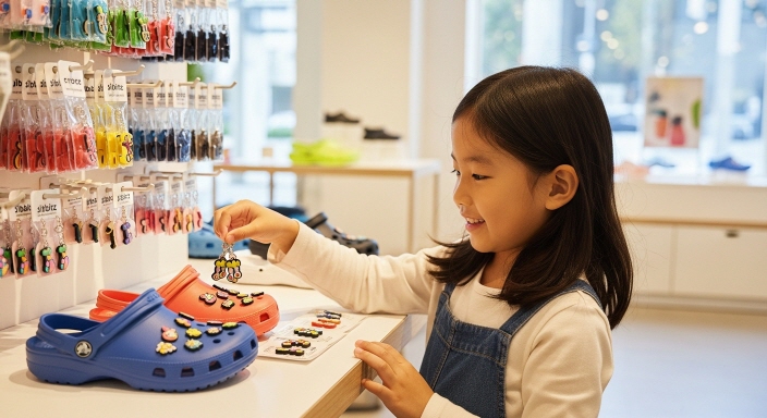 크록스 매장에서 지비츠 세트를 고르는 어린이의 모습