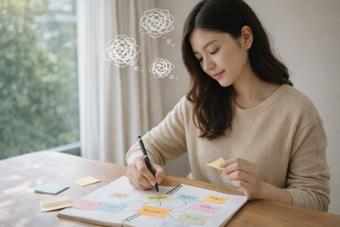 노트에 포스트잇을 붙이며 생각을 시각화해 정리하는 여성의 모습