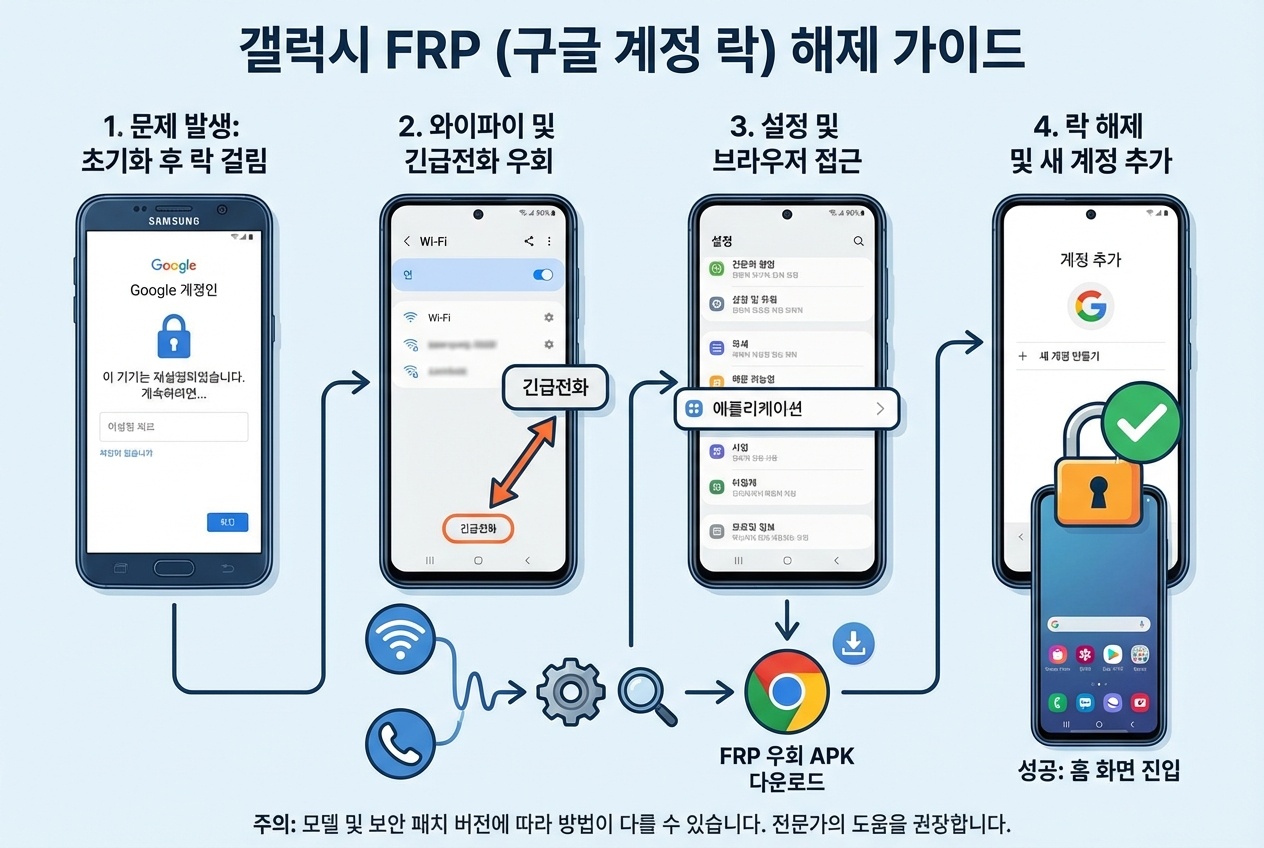 갤럭시 공장초기화 후 FRP 구글 계정 잠김 주의 안내 화면