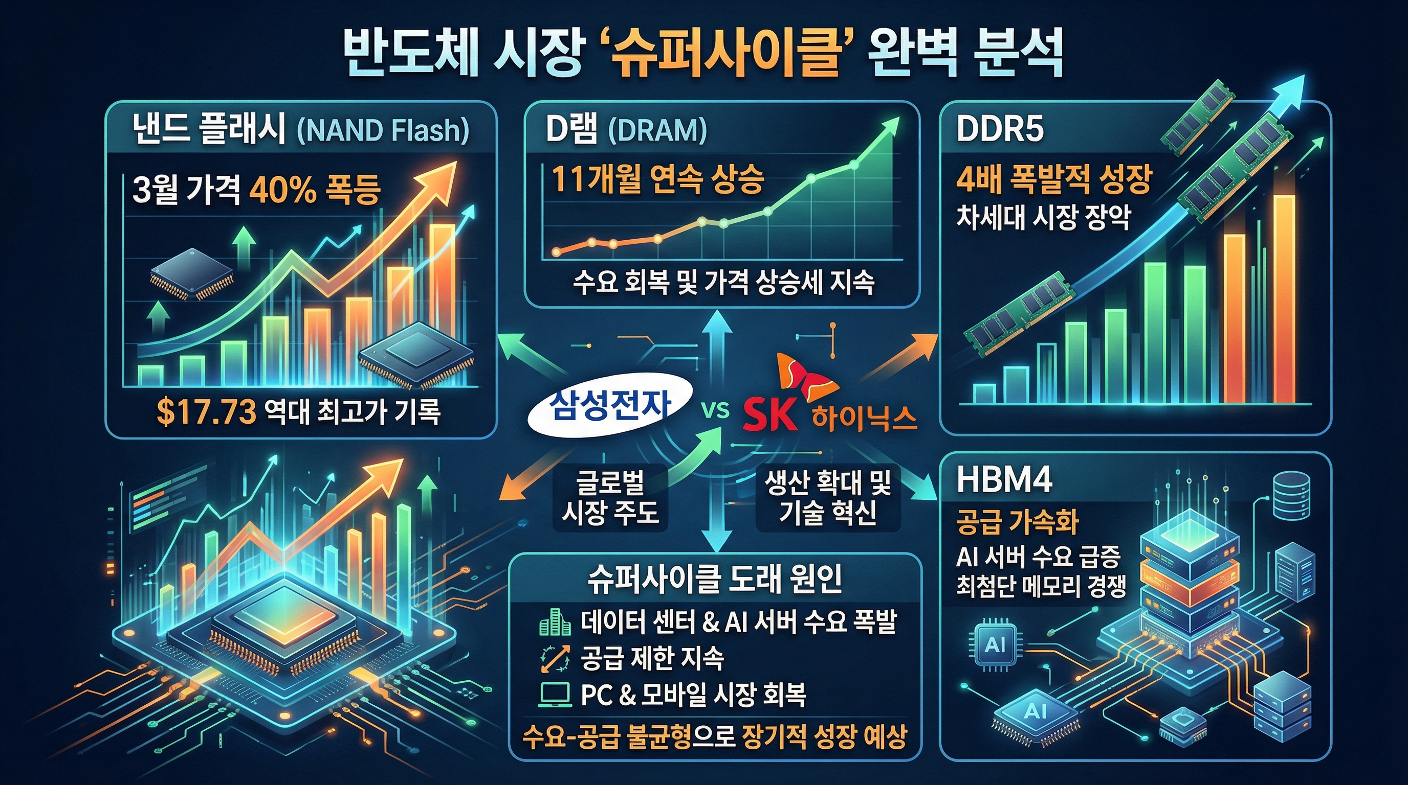 낸드플래시 가격 3월 40% 폭등 사상 최고치 17.73달러 D램 11개월 상승 DDR5 4배 HBM4 공급 가속 삼성전자 SK하이닉스 반도체 업황 슈퍼사이클 완전 분석