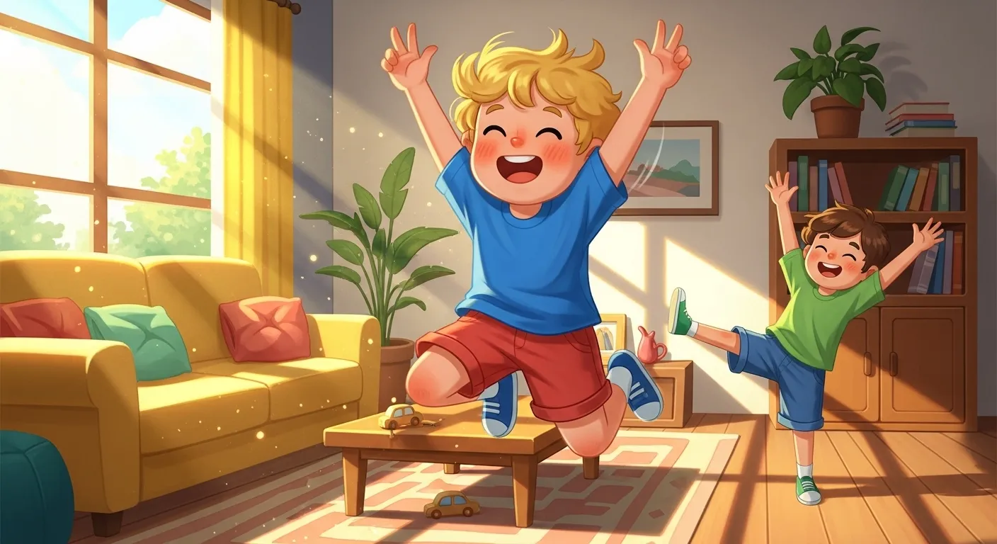 아이들이 집에서 신나게 점프하고 스트레칭하며 키 성장을 돕는 모습