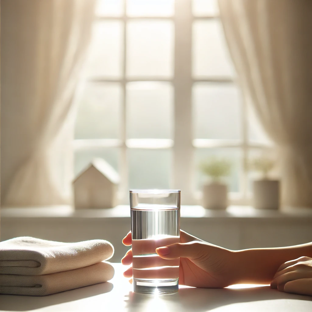 아침의 상쾌함과 건강한 시작을 상징하는 물 한 컵