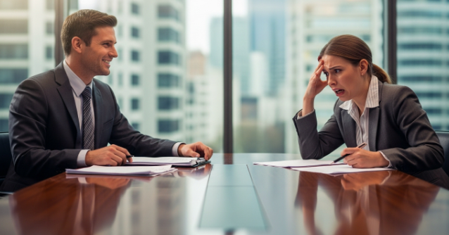 협상 테이블에서 여유롭게 미소 짓는 사람과 당황한 상대방의 대비되는 모습