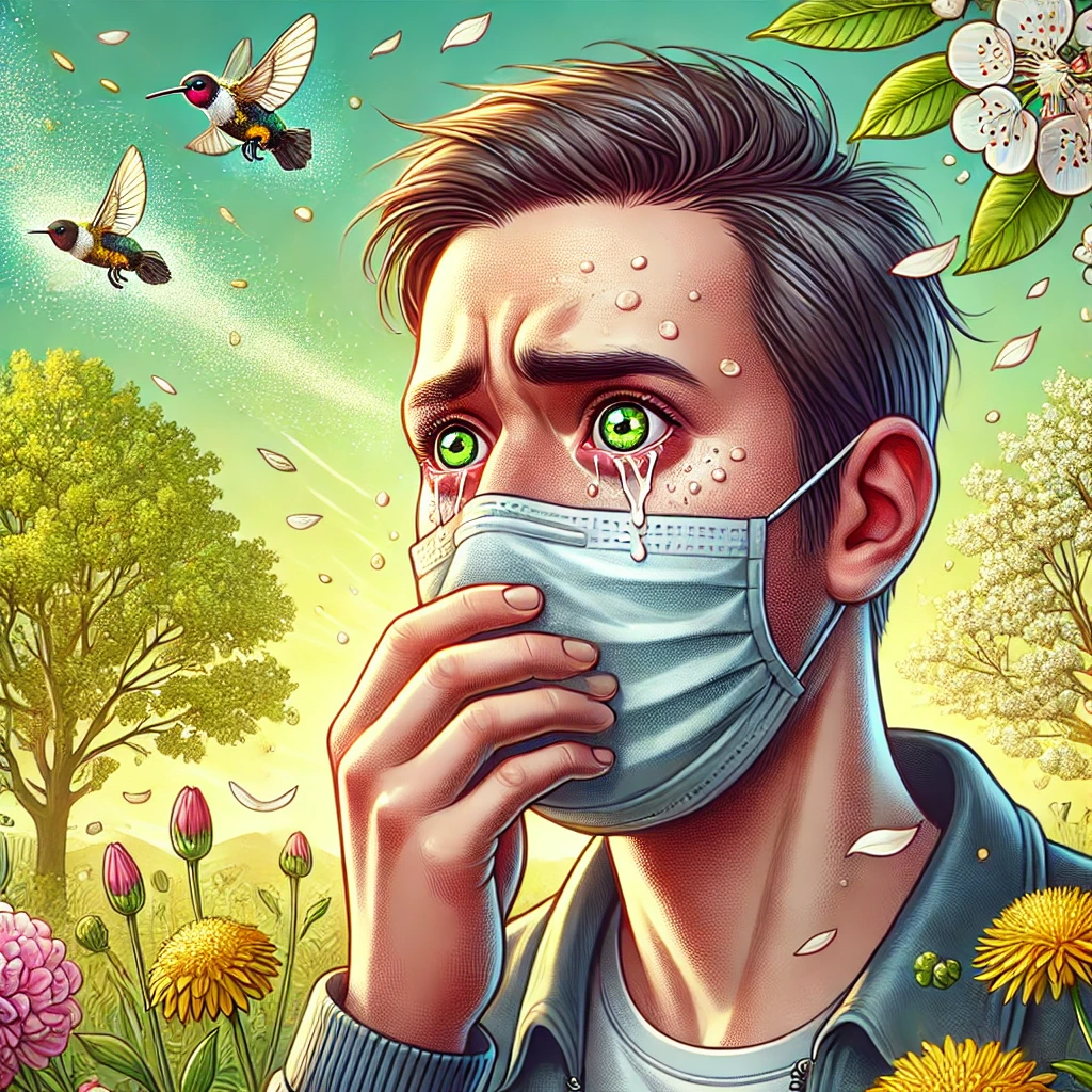 꽃가루 알레르기에 눈물을 흘리는 청년