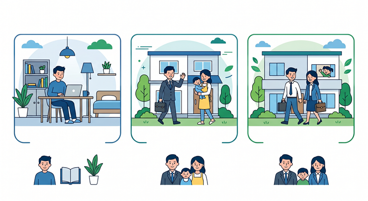 근로장려금 신청 자격인 단독, 홑벌이, 맞벌이 가구 유형을 설명하는 일러스트