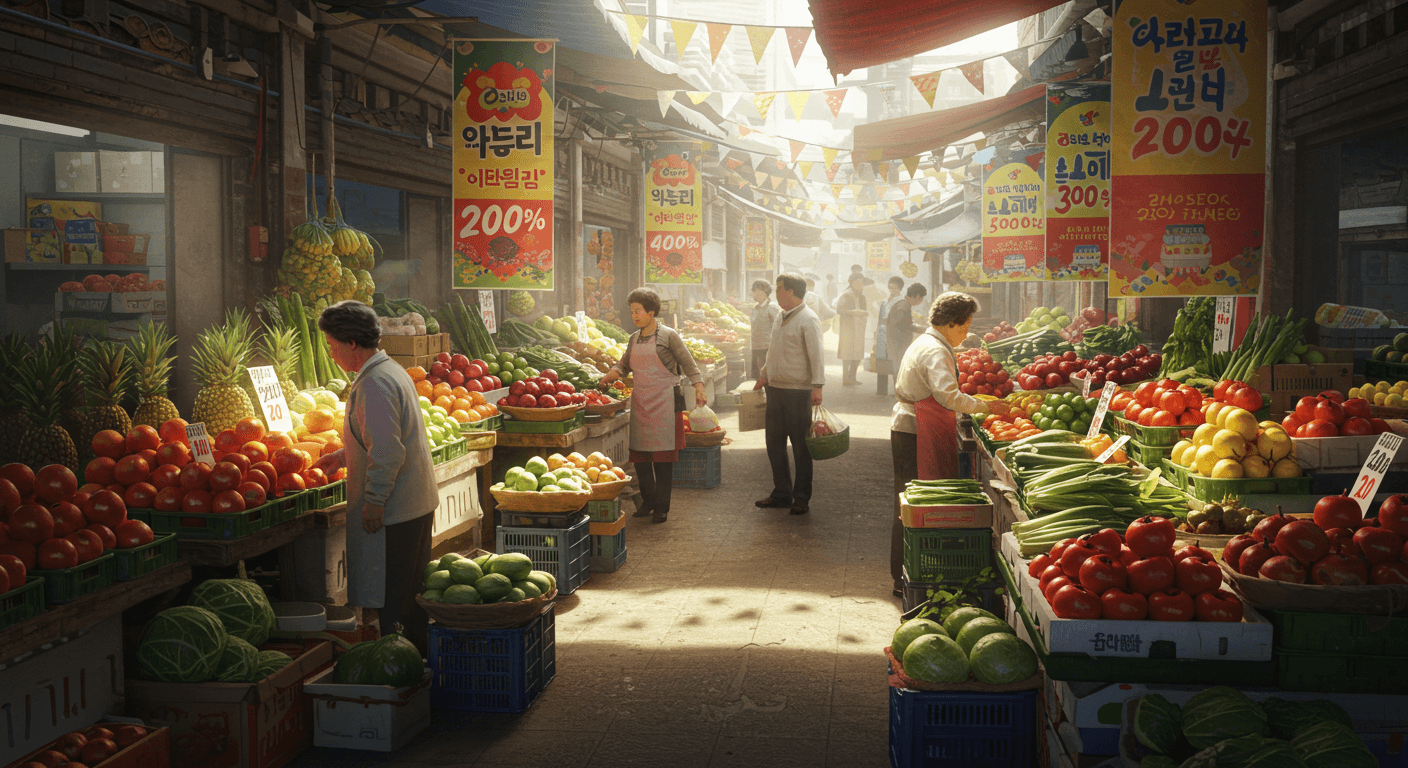 전통시장에서 추석맞이 농산물 할인 현수막이 걸린 풍경 2