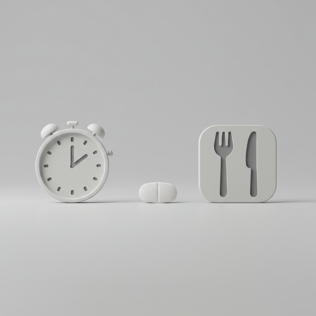 흰색 알약과 시계, 포크와 나이프 아이콘이 회색 배경 위에 미니멀하게 배치되어 약 복용 시간의 중요성을 상징하는 이미지