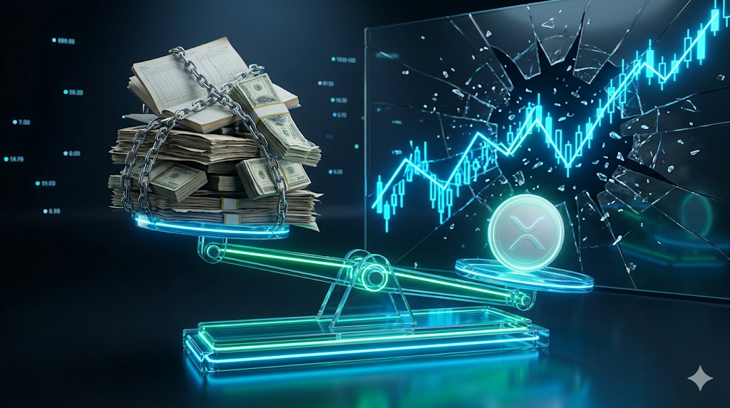 전통 금융망과 리플의 가치 불균형을 시각화한 3D 그래픽