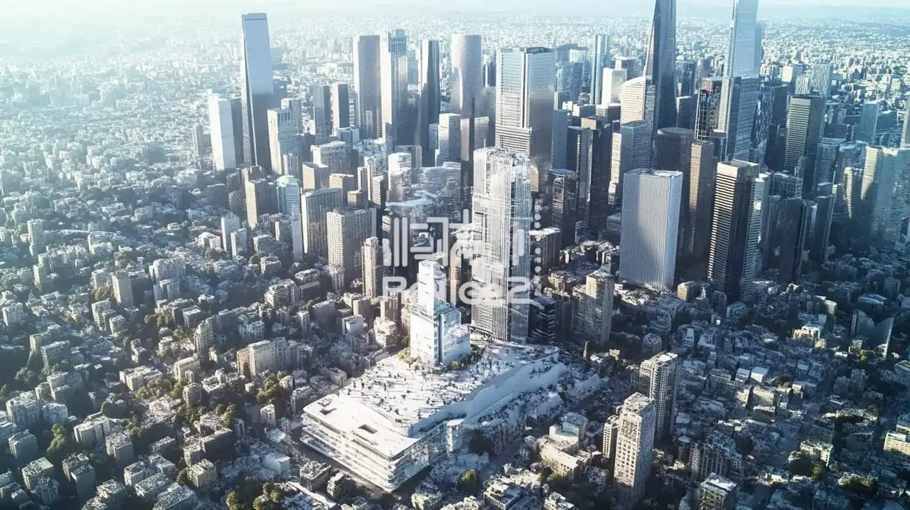 미래 도시의 스카이라인에서 두드러지는 AI 기술 건물, 혁신과 발전의 분위기를 연출하며 AI 산업의 미래를 상징합니다.