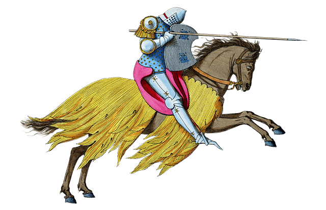 연한 고동색 말을 탄 창기병이 기다란 창을 들고 은색 갑옷을 입은채 달리고 있다.