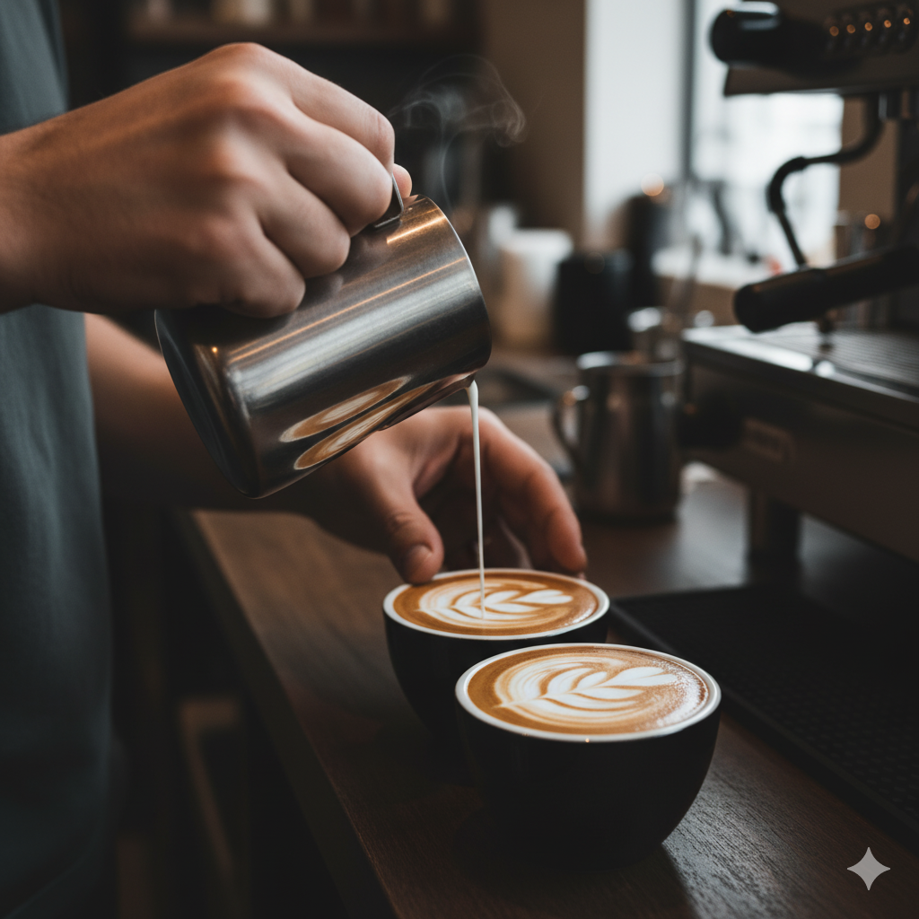 라떼아트 기본 패턴 연습 중인 바리스타가 하트와 로제타 모양을 그리는 장면(이미지 생성:google)