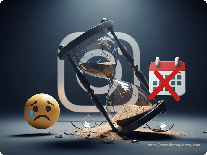 30일이 경과하여 영구 삭제된 인스타그램 계정을 상징하는 깨진 모래시계와 흐려진 로고