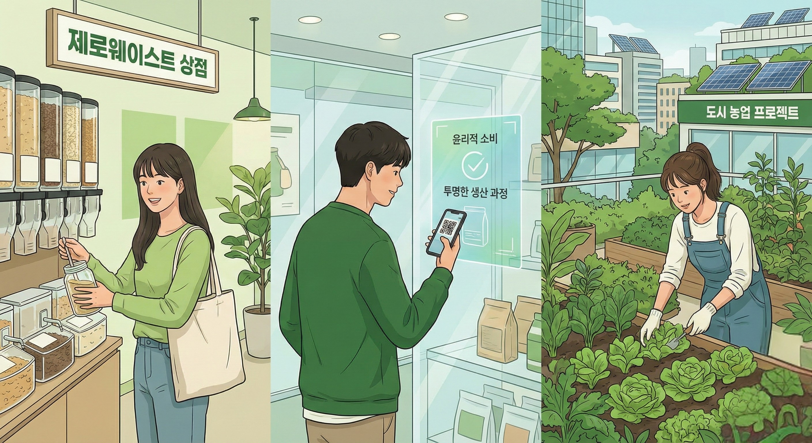 2026년 지속 가능한 삶과 윤리적 소비에 참여하는 MZ세대의 모습. 제로 웨이스트 매장에서 물품을 리필하고, QR 코드로 제품 정보를 확인하며, 도시 텃밭에서 활동하는 젊은이들.