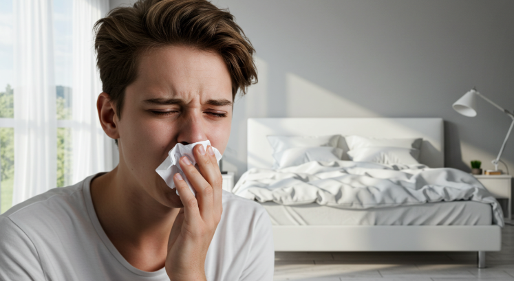 A person with allergic rhinitis symptoms showing sneezing, runny nose, and itchy eyes, in a clean modern bedroom setting, photorealistic style