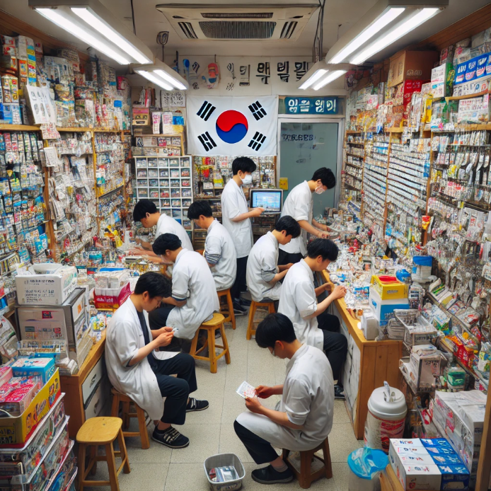 바쁜 한국의 소규모 소매점 내부 모습