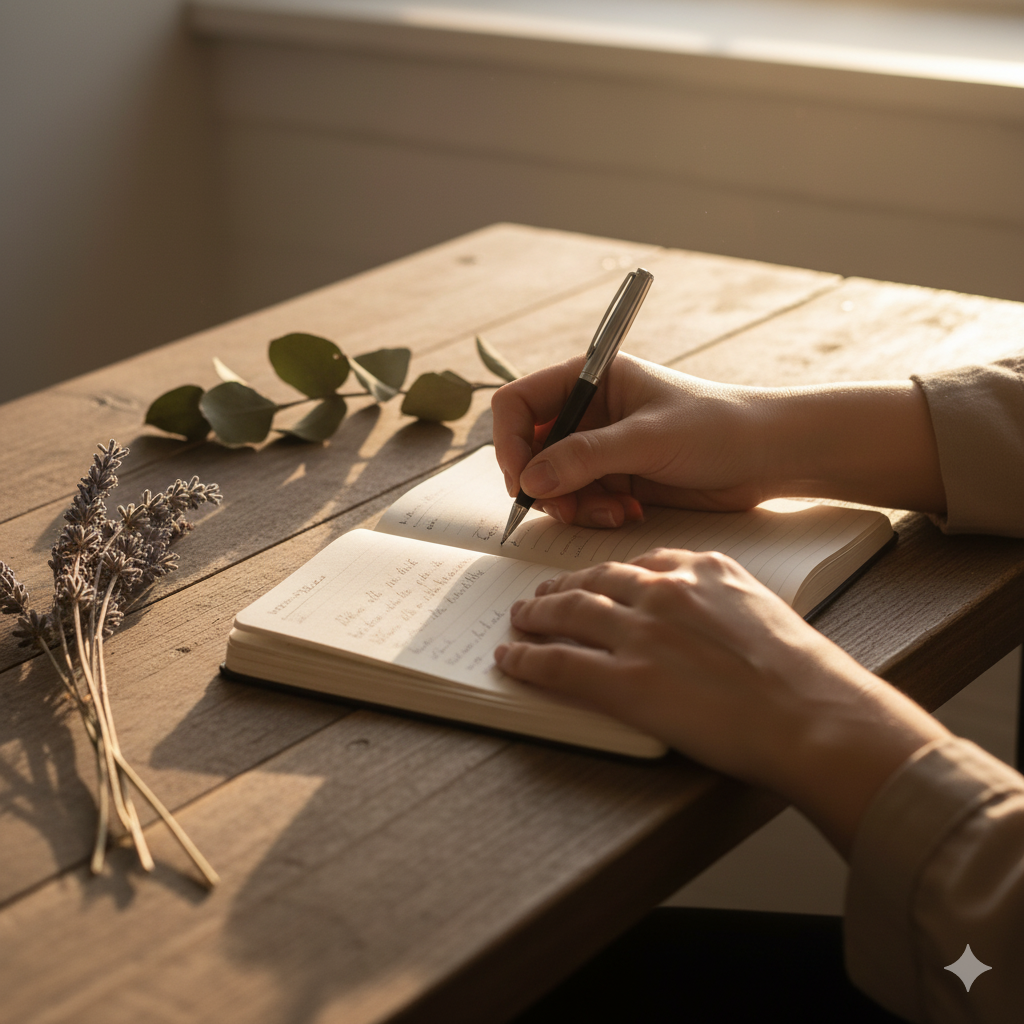 새해 다짐을 일기장에 적고 있는 여성의 손
