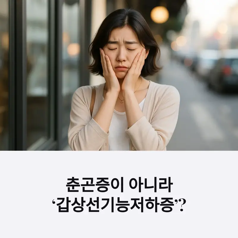 피로와 추위를 느끼는 중년 여성, 춘곤증이 아닌 갑상선기능저하증을 의심해야 함을 알리는 건강 정보 이미지