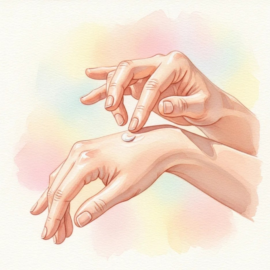 손등에 크림을 바르며 테스트하는 모습