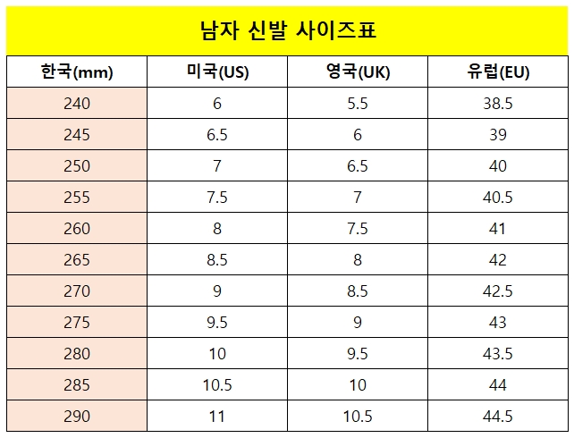 미국 남자 신발 사이즈 표