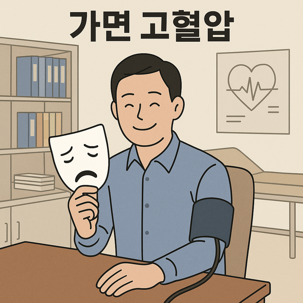 병원에서는 혈압이 정상 범위에 있는 것으로 나타나지만 실제로는 고혈압인 '가면 고혈압'을 표현한 일러스트
