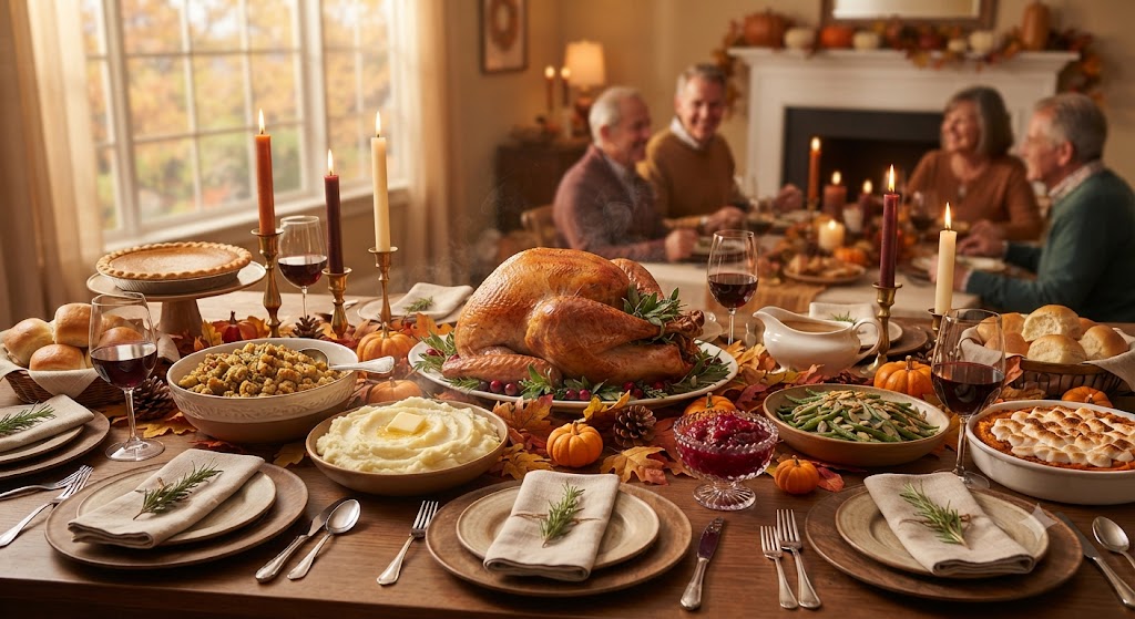 Next to a window showing autumn foliage, a roasted turkey sits appetizingly in the center of a cozy, candle-lit table. Surrounding it are traditional Thanksgiving dishes in bowls, such as mashed potatoes, stuffing, green bean casserole, cranberry sauce, gravy, dinner rolls, and pumpkin pie. Four family members are seated at the table in the background, enjoying a meal and chatting amicably.