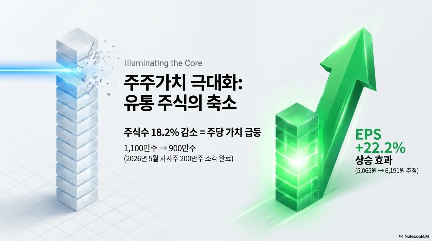 프로텍 주가 전망: 프로텍의 자사주 소각을 통한 주주가치 제고를 표현한 인포그래픽. 2026년 5월 자사주 200만주 소각으로 발행주식수가 1,100만주에서 900만주로 18.2퍼센트 줄었고, 이에 따라 주당순이익이 약 22.2퍼센트 상승하는 효과를 상승 화살표로 시각적으로 전달함