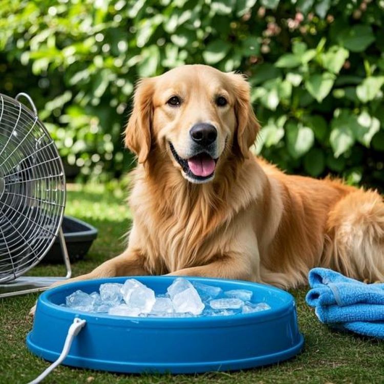 시원한 그늘 아래에서 물그릇 앞에 앉아있는 건강한 골든리트리버가 혀를 살짝 내밀고 있는 모습. 주변에는 얼음이 든 물그릇, 휴대용 선풍기, 젖은 수건 등 여름철 반려견 케어 용품들이 깔끔하게 배치되어 있고, 배경은 밝고 시원한 느낌의 여름 정원.