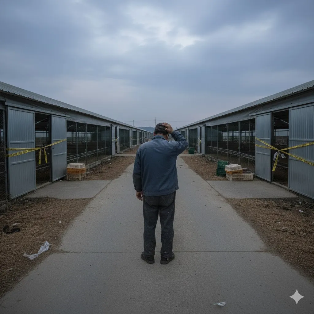 텅 비어 버린 축사나 파괴된 시설을 배경으로, 한 남성 농부가 손으로 이마를 짚거나 고개를 떨군 채 서 있는 뒷모습을 그려주세요. 그의 어깨는 축 처져 있고, 전체적으로 어두운 색감과 쓸쓸한 분위기를 통해 농부의 좌절감과 절망감을 강조합니다. 따뜻한 빛이나 희망적인 요소 없이 현실적인 슬픔을 담아냅니다.