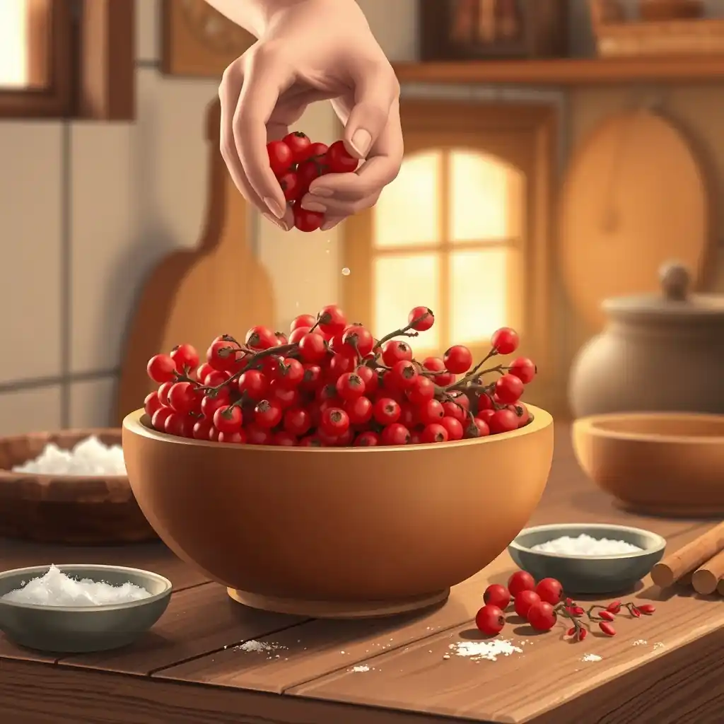 따뜻하게 우려낸 마가목 열매 차가 담긴 찻잔과 말린 마가목 열매. 마가목 열매 먹는법 설명.