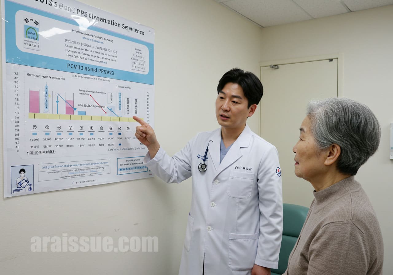 의료진이 고령 환자에게 PCV13과 PPSV23 백신의 접종 순서와 간격을 차트로 설명하는 장면입니다.
신뢰감 있는 상담 환경이 백신 정보 전달의 중요성을 시각적으로 표현합니다.
