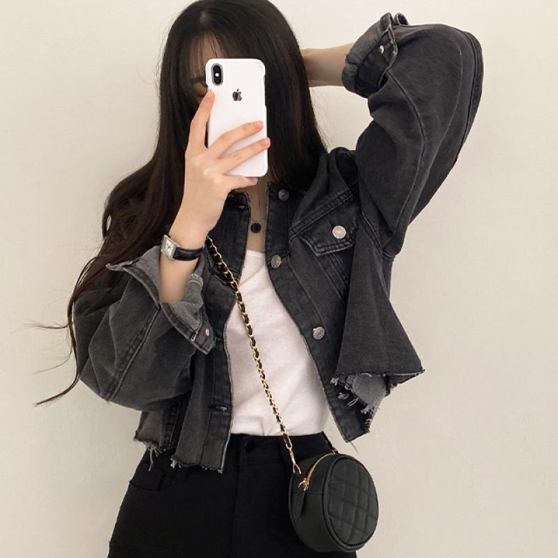 데님 크롭 카라 흑청 자켓