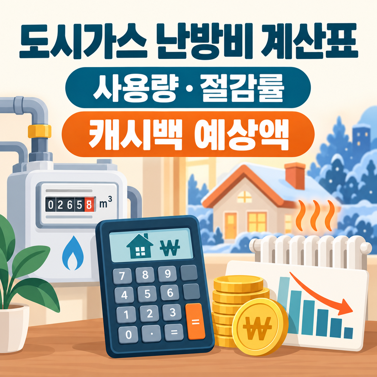 도시가스 난방비 계산표 - 전월 사용량&middot;절감률&middot;캐시백 예상액 확인