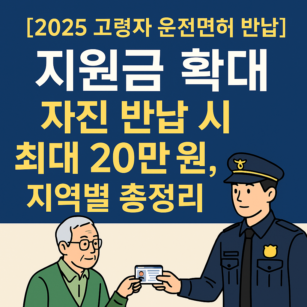 2025년 고령자 운전면허 자진 반납 시 최대 20만 원 지원금과 지역별 정보 안내 썸네일 인포그래픽