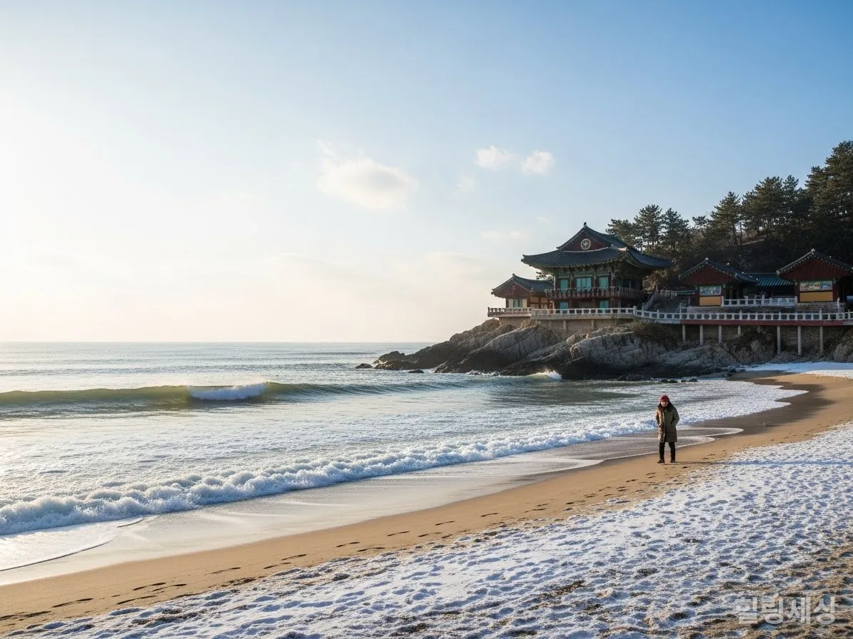 눈 덮인 제주 사려니숲길의 고요한 풍경