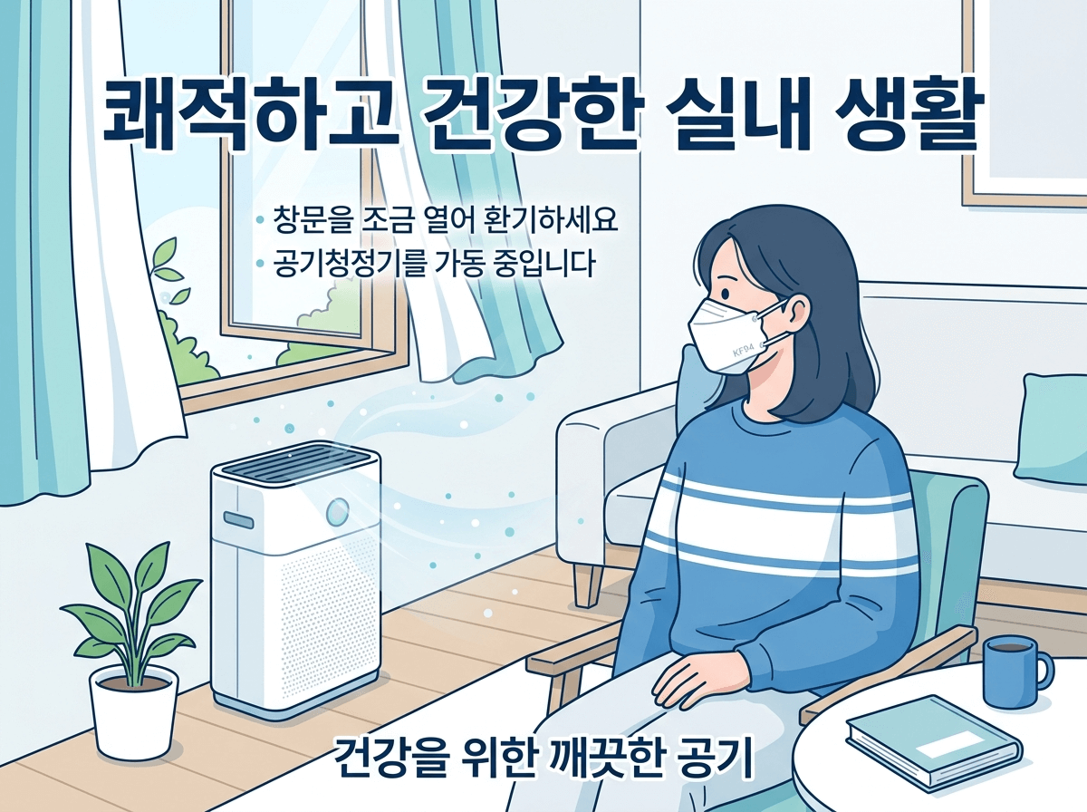 마스크 착용과 실내 공기관리 일러스트
