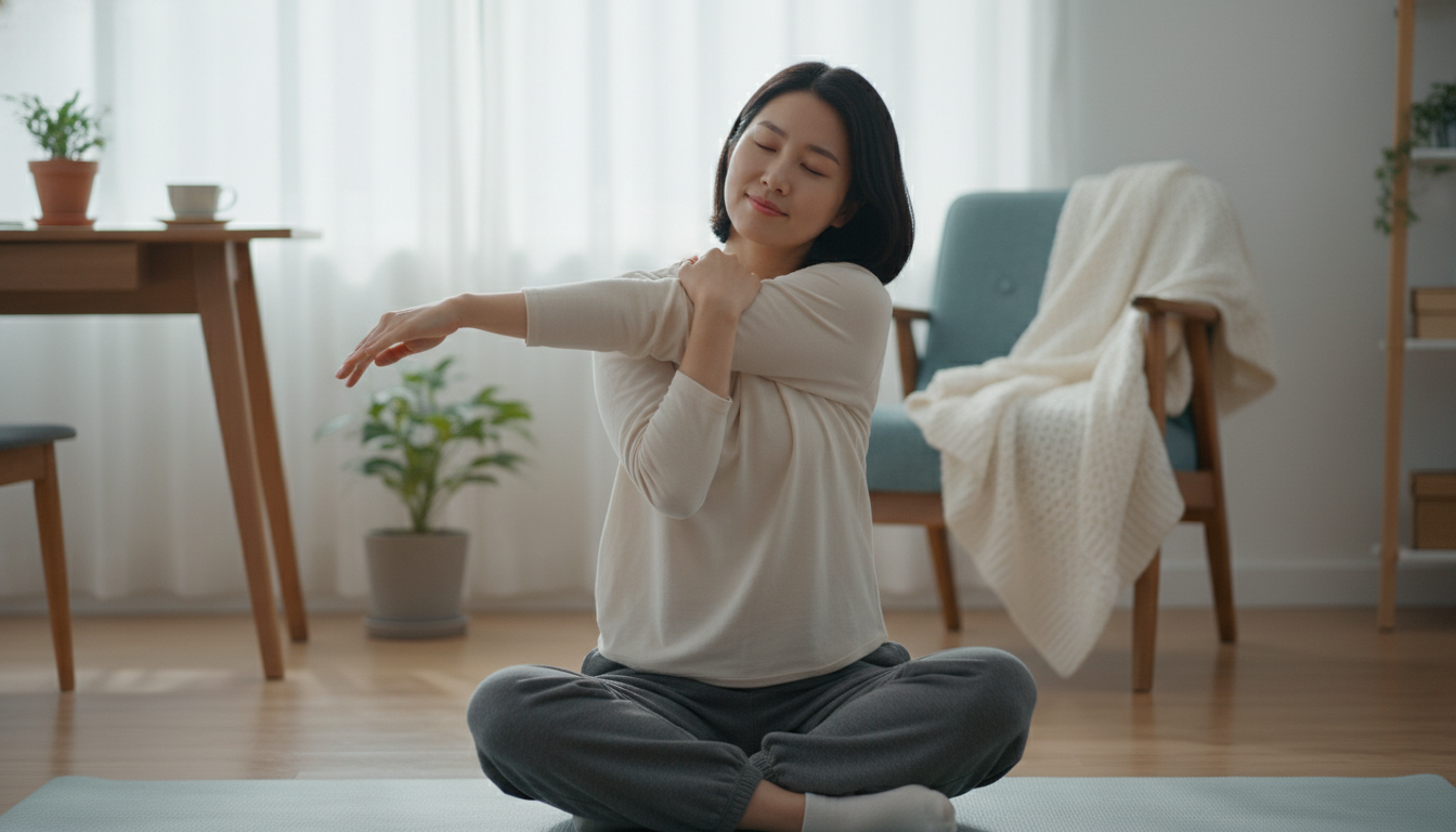 오른쪽 가슴과 등 통증 완화를 위해 가볍게 스트레칭하는 한국인