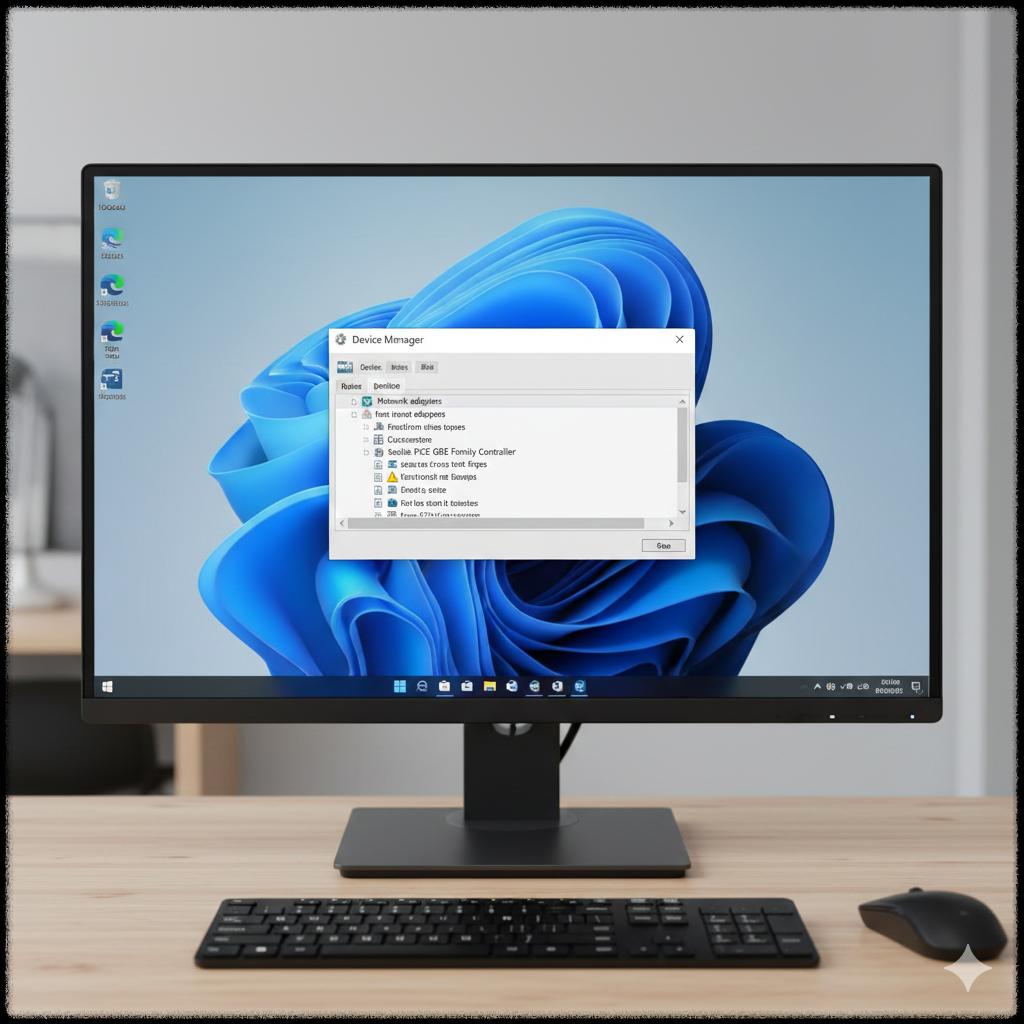 윈도우 11 장치 관리자에서 네트워크 어댑터 드라이버 오류가 표시된 화면
